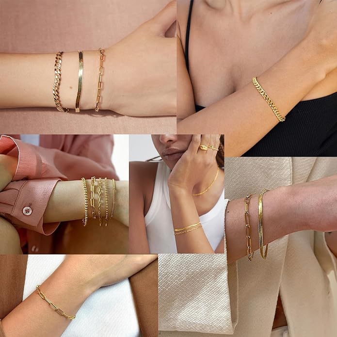 Gold Bracelets Set for Women Stack, Dainty Thick Bracelets Stack for Women Trendy, Simple Thin Gold Plated Cuff Stackable Bracelets With Beaded Cuban Paperclip Snake Rope Bangle Hand Chain Jewelry Gifts for Women Non Tainish