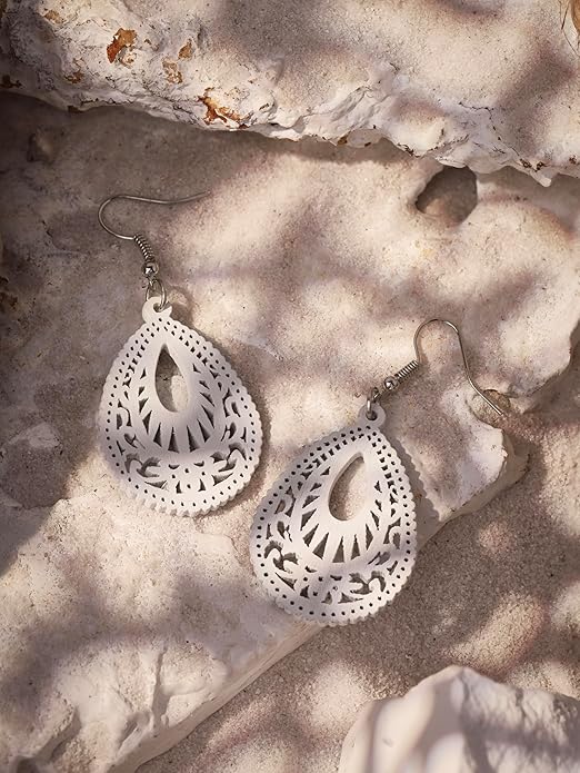 MINACHI Bohemian Hollow Cut-Out Wood Leather Dangle Drop Earrings, Boho Chic Hippie Statement Jewelry Gift for Women
