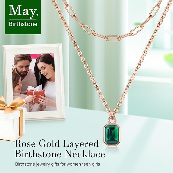 Layered Birthstone Necklace for Women Girls, 14K Gold-Plated Paperclip Chain Choker Necklace with Rectangle Birthstone Pendant Birthday Gifts for Women Girls Dainty Small