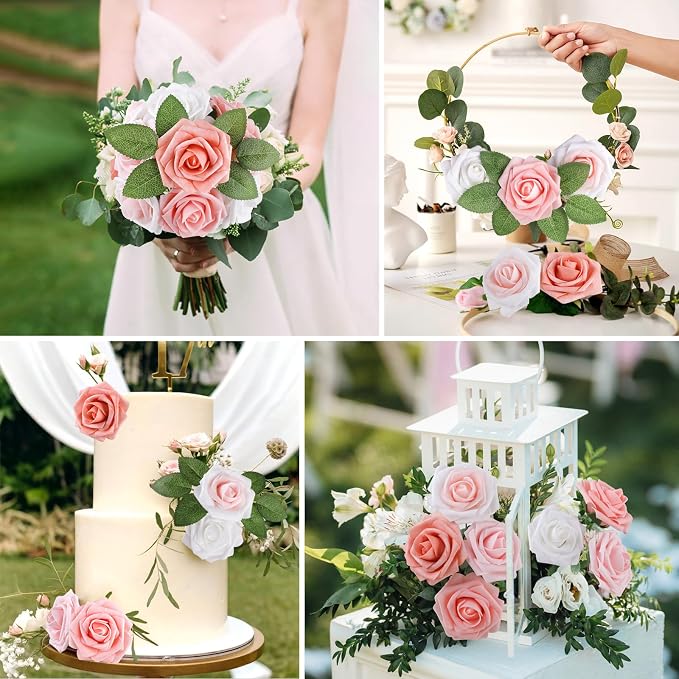 AmyHomie Blush Shades Rose 25pcs Real Looking Artificial Flowers w/Stem | - Image 4