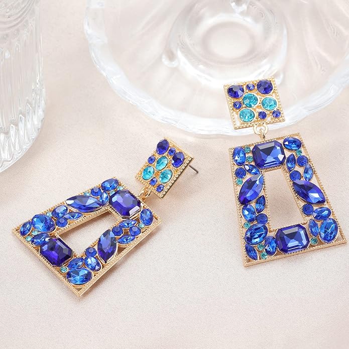Rhinestone Rectangle Statement Earrings Colorful Crystal Geometric Drop Dangle Earrings for Women Prom Party