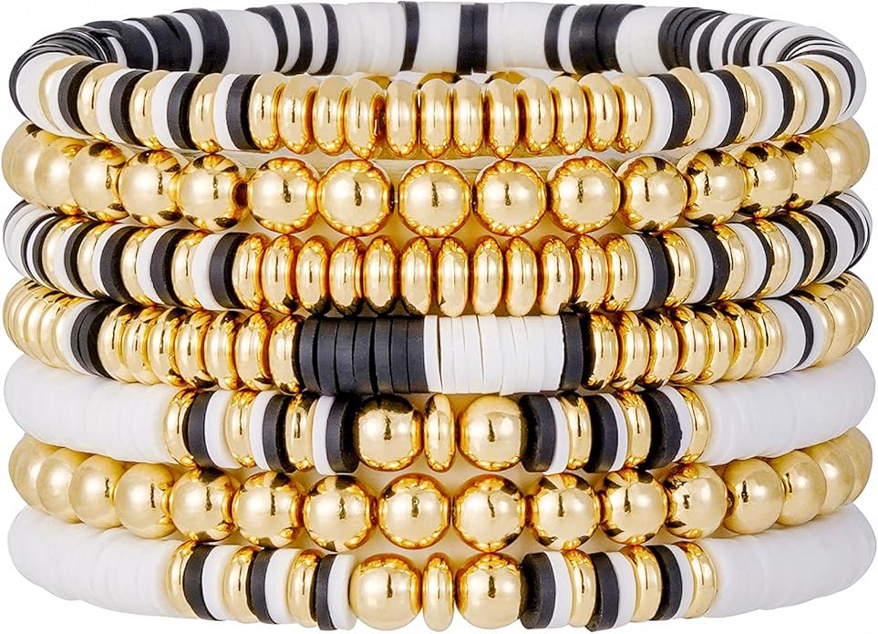 GOOJIDS Surfer Heishi Clay Bead Bracelets for Women Bohemian Stackable Gold Plated Beaded Stretch Bracelets Elastic Layering Friendship Bracelets Set Boho Jewelry