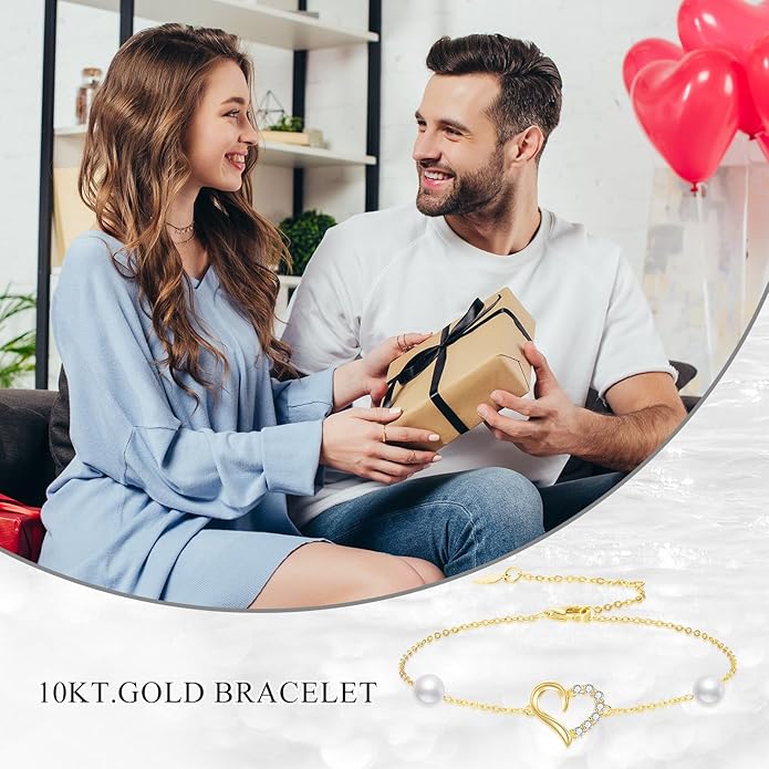 SISGEM 10k Gold 0.09 Carat Natural Diamond Heart Anklet for Women, Real Gold Pearl Jewelry Ankle Bracelets Present for Her, 9.4"-11"