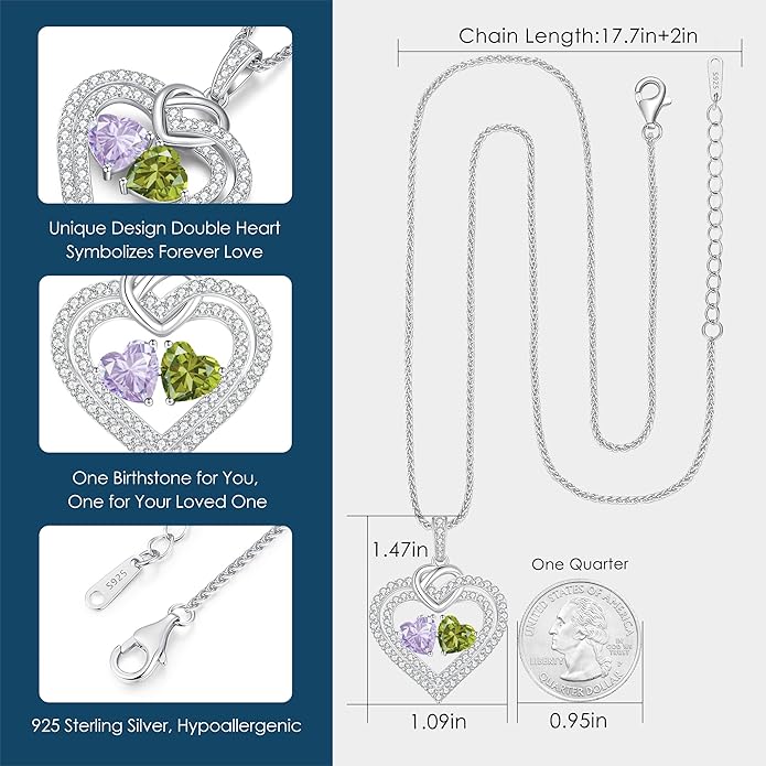 LOUISA SECRET Sparkling Double Heart Birthstone Necklaces for Women, 925 Sterling Silver Fine Jewelry, Pendant Heart Necklaces Birthday Anniversary Christmas Gift for Women Wife Mom Girlfriend Lady