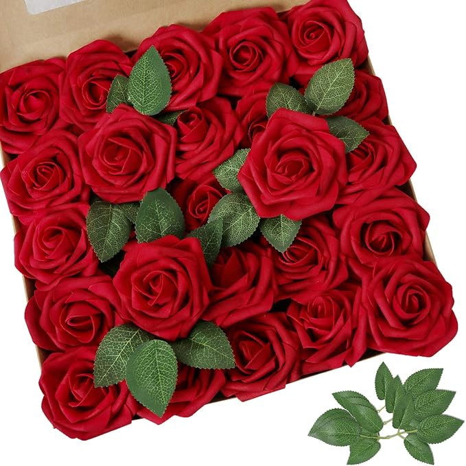 AmyHomie Dark Red Rose 100pcs Real Looking Artificial Flowers w/Stem | Bouquet by AmyHomie