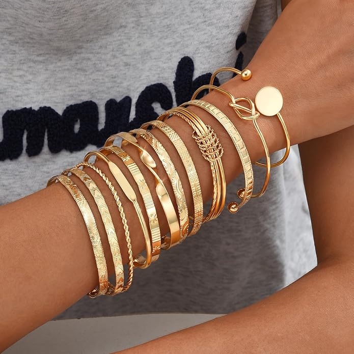 ÌF ME Gold Bangle Bracelets for Women, Indian Bangles Stackable Set, Multi Layer Textured 14K Gold Plated Chunky Bracelets Boho Jewelrys Set