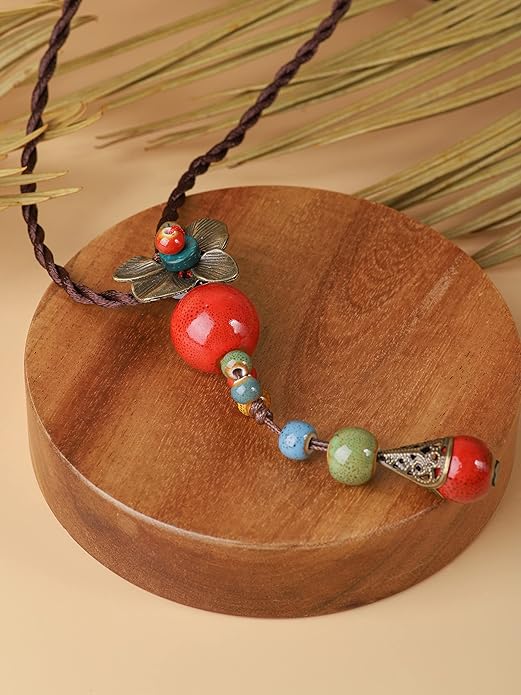 MINACHI Vintage Bohemian Colorful Ceramic Bead Antique Flower Y Necklace, Vintage Boho Hippie Statement Jewelry Gift for Women