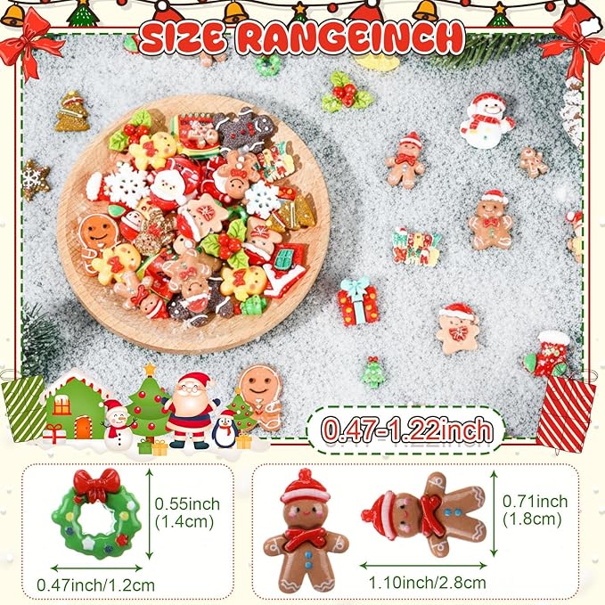 Giegxin 40 Pcs Christmas Resin Charm Kawaii Gingerbread Snowman Santa Xmas Tree Flat Back Cabochon Accessories Cute Embellishments Bulk for Christmas Decoration Jewelry Cellphone Case Scrapbooking DIY
