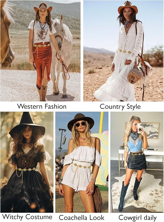 FIORETTO Metal Waist Chain Link Belt for Women Western Cowgirl Boho Turquoise Belts for Dress Jeans Country Concert Outfit
