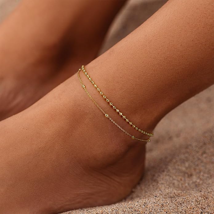 JINEAR Gold Ankle Bracelets for Women，14K Gold Plated Waterproof Chain Herringbone Layered Beaded Anklets Adjustable Summer Beach Jewelry Gift for Women