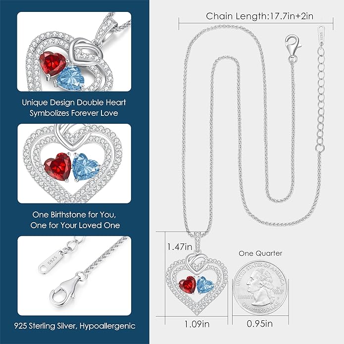 LOUISA SECRET Sparkling Double Heart Birthstone Necklaces for Women, 925 Sterling Silver Fine Jewelry, Pendant Heart Necklaces Birthday Anniversary Christmas Gift for Women Wife Mom Girlfriend Lady