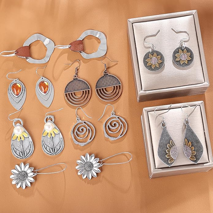 12 Pairs Boho Vintage Geometric Round Earrings Wooden Leather Ethnic Style Vintage Sunflower Earrings Christmas for Women