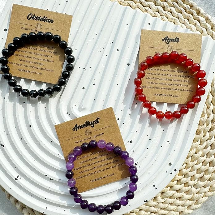 12 PCS 8mm Semi-Precious Gemstone Beaded Bracelets Natural Crystal Bracelets for Women Men, Round Gemstones Stretch Bracelet, Yoga Bracelets Jewelry Gifts