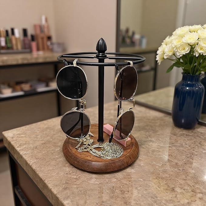 Sunglasses Organizer, Glasses Display Stand for 12 Pairs, Base Storage for Jewelry (Wood+Black)