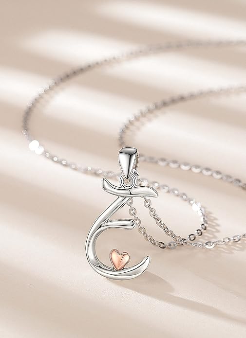 CELESTIA 925 Sterling Silver Initial Necklaces 26 Letter with Rose Gold Heart - 18 Inch Chain
