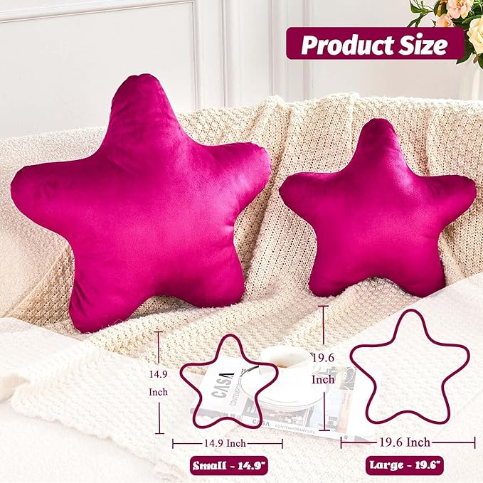 Fuchsia Star Throw Pillow, Cute Star Pillow Room Decor, Soft 14.9" Star Shaped Decorative Throw Pillow for Bedroom, Star Plush Floor Cushions Pillows
