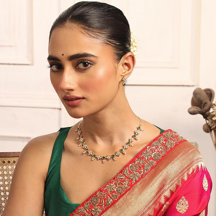 TARINIKA Green and White Cubic Zirconia(CZ) Indian Necklace Set with Earrings, Gold Plated Brass Fashion Indian Jewelry Gift for Women Bollywood Costume Jewellery