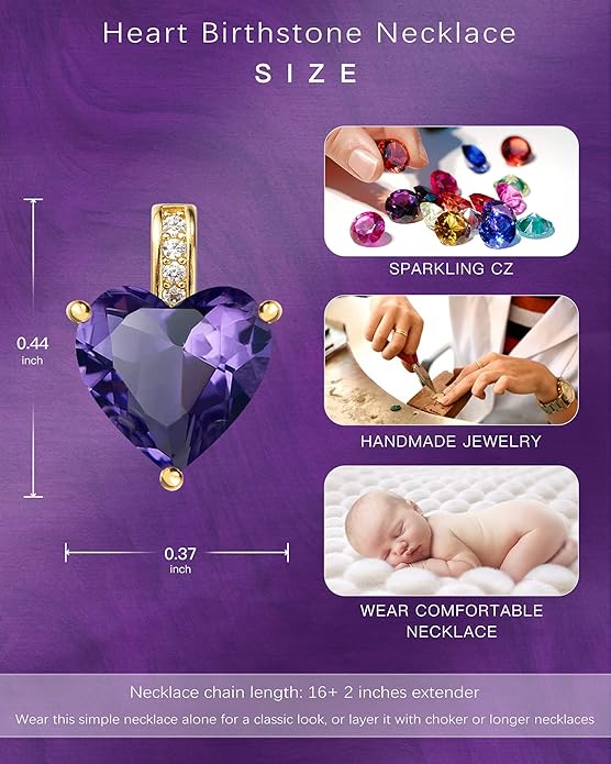Genuine Birthstone Necklace for Women, Heart Love Necklace, Birthday Gifts for Her