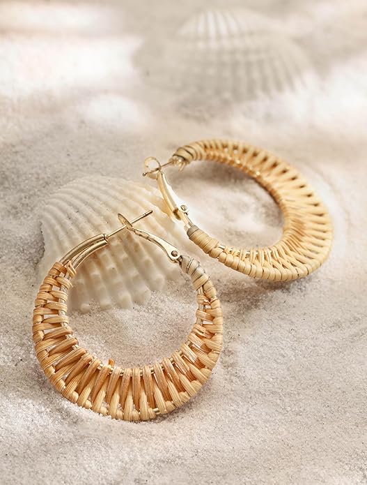MINACHI Boho Handwoven Rattan Hoop Earrings, Bohemian Summer Beach Statement Jewelry Gift for Women (2)