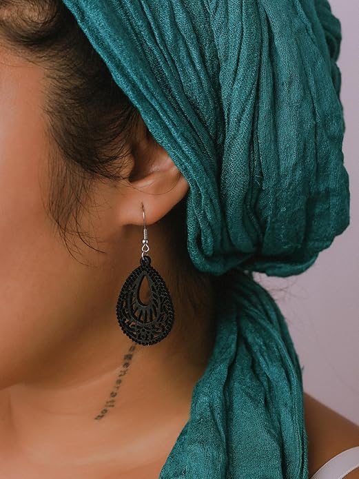 MINACHI Bohemian Hollow Cut-Out Wood Leather Dangle Drop Earrings, Boho Chic Hippie Statement Jewelry Gift for Women