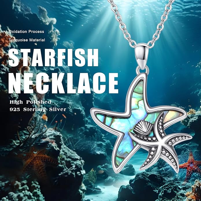 Cuoka Starfish Necklace 925 Sterling Silver Abalone Double Seashell Ocean Sea Beach Star Pendant Necklaces Ocean Jewelry for Women Bestfriend Summer Holiday Graduate Gift