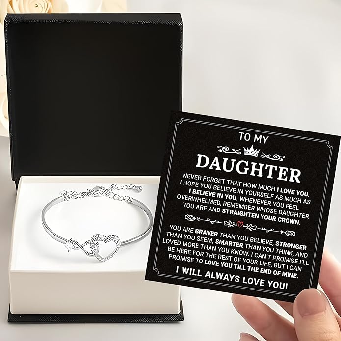 Daughter Infinity Heart Bracelet, Daughter Jewelry Gift From Mom or Dad with Message Card and Box Meaning