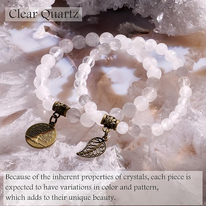 Bivei Natural Semi Precious Gemstone beads bracelet for women - Life Tree and Leaf Charm Energy Reiki Crystal Stretch Bracelets