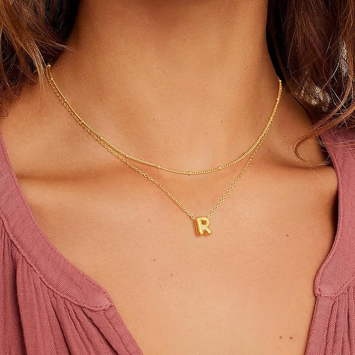 Valentines Day Gifts for Her - Bubble Letter Necklace Layered 14K Gold Plated Initial Necklaces for Women Dainty Cute Choker Pendant Stack Jewelry Fashion Accessories Teen Gift Trendy Stuff