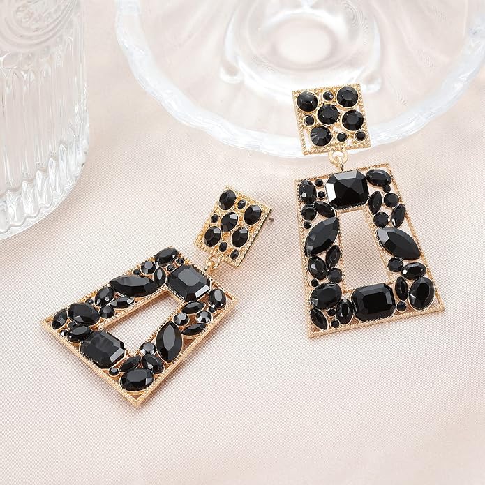 Rhinestone Rectangle Statement Earrings Colorful Crystal Geometric Drop Dangle Earrings for Women Prom Party