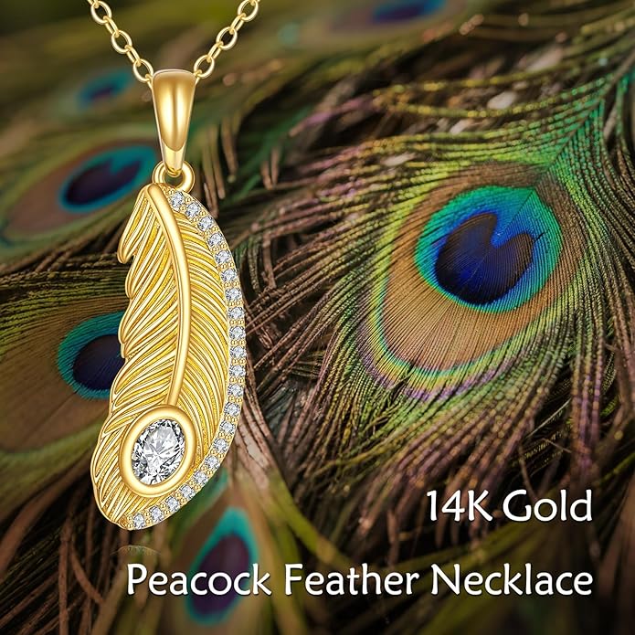 KQF Peacock Feather Necklaces 14K Solid Gold Zircon Pendant Animal-Inspired Jewelry Brithday Gifts For Women