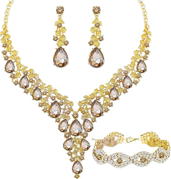Wedding Bridal Bridesmaid Austrian Crystal Rhinestone Jewelry Sets Statement Choker Necklace Earrings Bracelets Sets for Wedding Party Prom