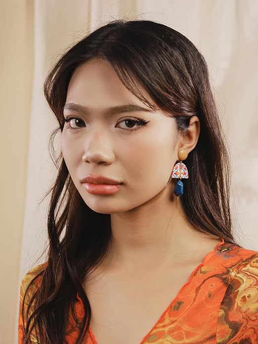 MINACHI Boho Chic Geometric Drop Earrings, Vibrant Multicolor Pattern with Navy Accent Beads & Glossy Studs, Jewelry Gift for Women