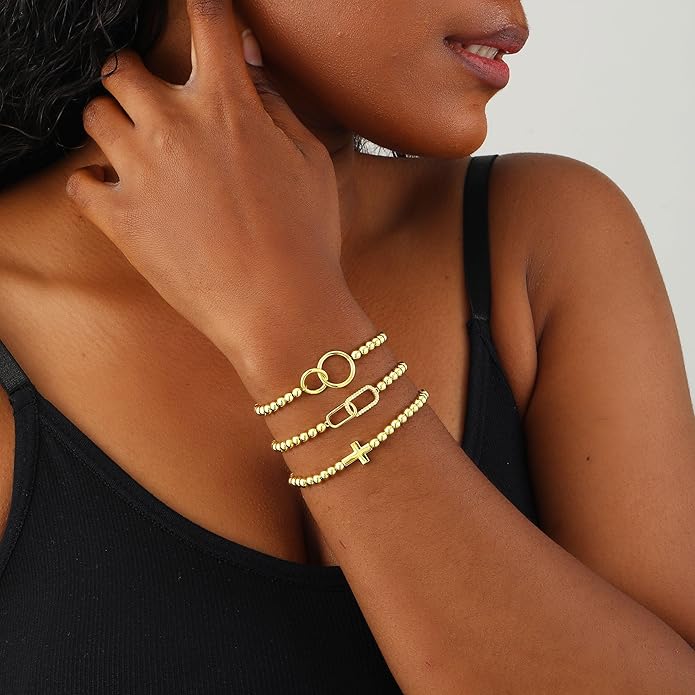 Gold Bracelets for Women 14K Gold Beaded Bracelets Stackable Bracelets for Women Gold Charm Bracelet Non Tarnish Gold Jewelry for Women Trendy