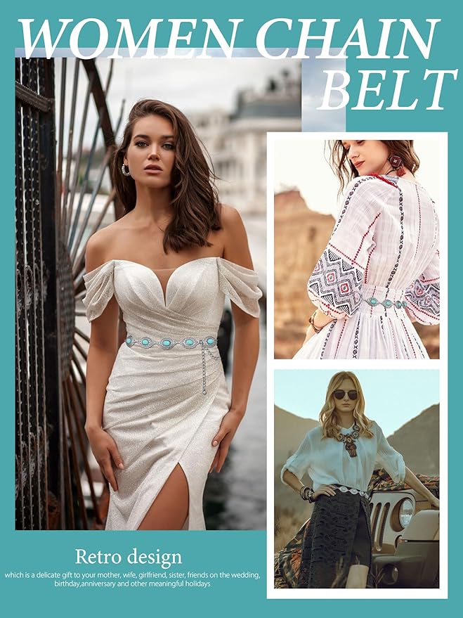 FIORETTO Metal Waist Chain Link Belt for Women Western Cowgirl Boho Turquoise Belts for Dress Jeans Country Concert Outfit