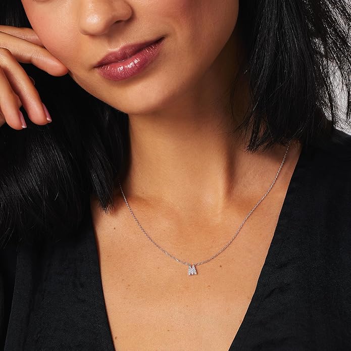 JTV Sterling Silver Initial Necklace for Women, 0.13 CTW White Cubic Zirconia Letter Pendant, Rhodium-Plated, Personalized Monogram Jewelry, Gift Box Included, 18”