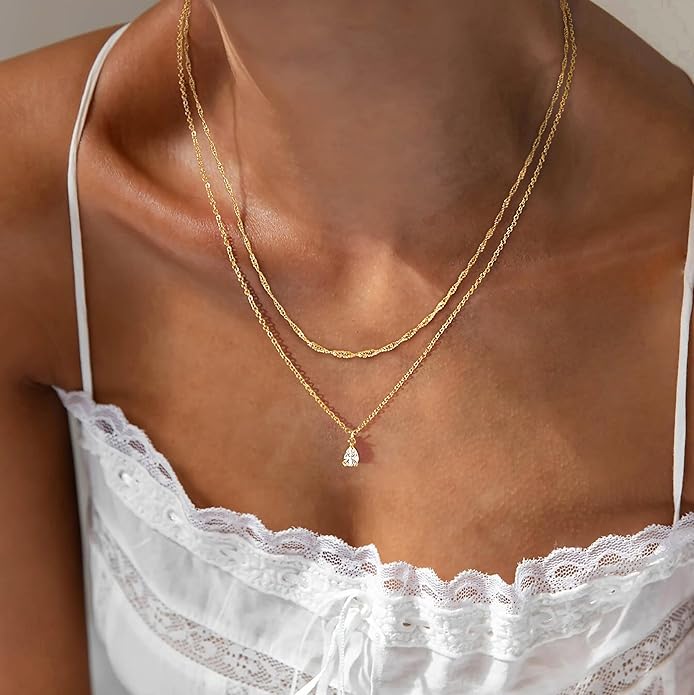 Layered Necklaces for Women,Dainty 14k Gold Plated CZ Layered Choker Necklace for Women Trendy Non Tarnish Hypoallergenic Beaded Paperclip Chain Necklace Stack Women's Minimalist Gold Jewelry Gifts