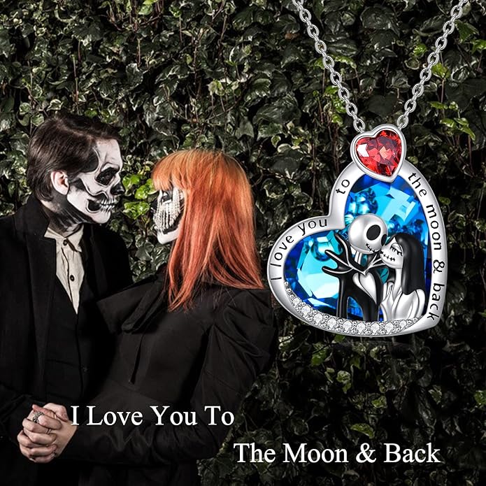 LILALO Nightmare Necklace Sterling Silver Abalone Shell Crystal Jack and Sally Necklace Jack Skellington Skull Jewelry Skull Necklaces for Women