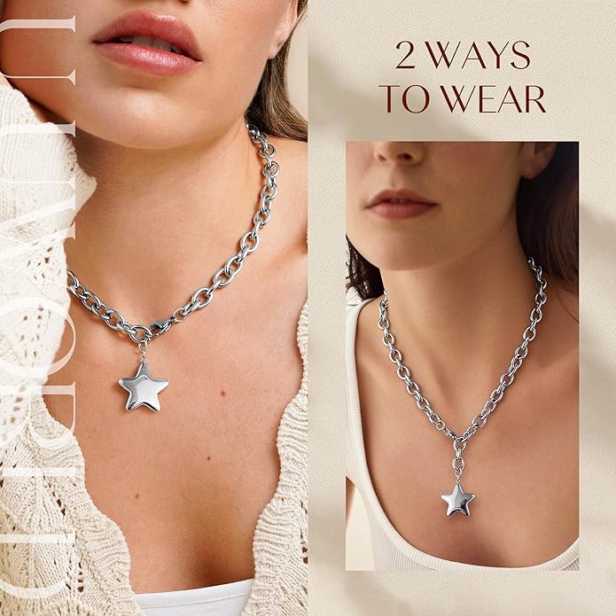 Chunky Gold Necklace with Star Pendant for Women,18K Gold Plated Stainless Steel Sweatproof Non Tarnish Hypoallergenic Chain,Trendy Chunky Necklaces for Women,Star Necklace Fashion Statement Jewelry