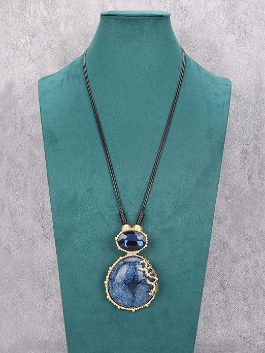 GelConnie Leather Necklace for Women Large Pendant Long Brown Necklace Circle Leather Choker Vintage Sweater Necklace Gold Chunky Boho Necklaces for Women