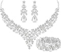 Elegant Bridal Wedding Jewelry Set for Women/Brides/Bridesmaids Teardrop Crystal Leaf Cluster Jewelry Set for Wedding Prom Party Bridal Bridesmaids Rhinestone Crystal Necklace Earrings Bracelet Set