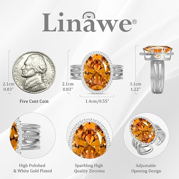 Linawe Birthstone Chunky Adjustable Rings for Women, Gold/Silver/Rose Gold Statement Rings, Imitation Diamond Fake Gemstone Crystal Cocktail Ring, Cubic Zirconia Costume Jewelry
