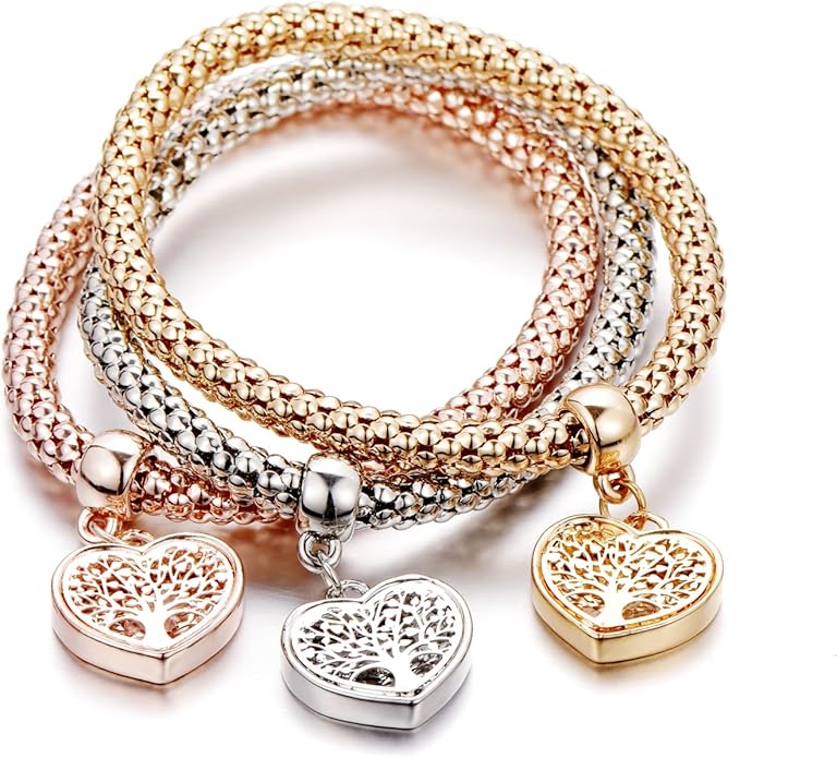 Crystal Charms Multilayer Bracelets - 3PCS Gold/Silver/Rose Gold Corn Chain Bracelet for Women, Tree of Life Heart Shaped Stretch Bracelet