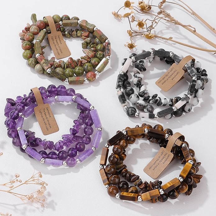3Pcs Natural Stone Bracelets for Women 8mm Crystal Beaded Bracelets Handmade Stretch Bracelet Healing Crystal Jewelry for Women