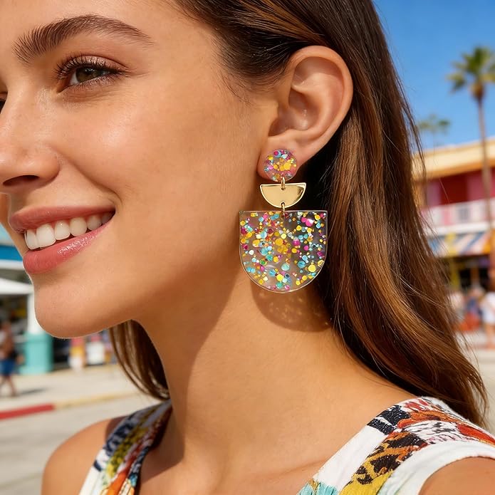Women's Multicolor Confetti Acrylic Earrings - Boho Geometric Half Moon Dangle Earrings, Funky Neon Sparkly Statement Earrings for Summer Party & Daily Wear