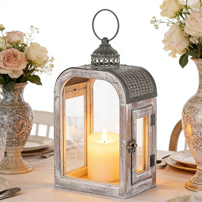 11" High Farmhouse Decorative Lanterns Set, Glass and Metal, Distressed White - Image 3