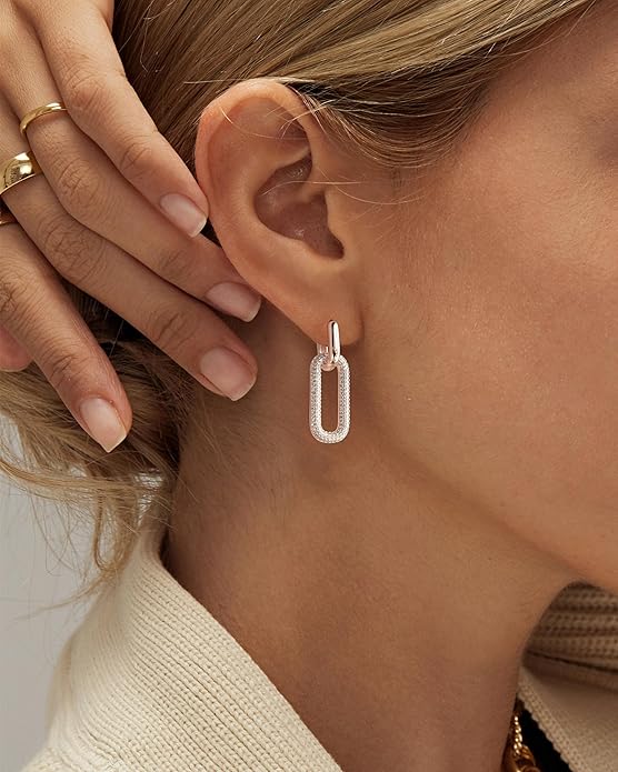 Gold Earrings for Women Trendy, Simple Dainty 14K Gold Plated Paperclip Square Chain Link Dangle Hoops Earrings Pin Stud Huggie Earrings Lightweight Hypoallergenic Minimalist Aesthetic Gold Jewelry for Christmas Gifts