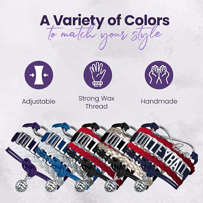 Volleyball Bracelets For Girls- Ideal Volleyball Gifts & Souvenirs. Adjustable Charm Bracelet with Moveable Letters, Infinity Symbol & Silver Volleyball Charm. Fashionable Bracelets by SportyBella.