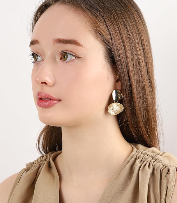 OZEL Gold Dangle Earrings for Women Brushed Finish, Matte Gold Statement Jewelry, 14k Gold Plated