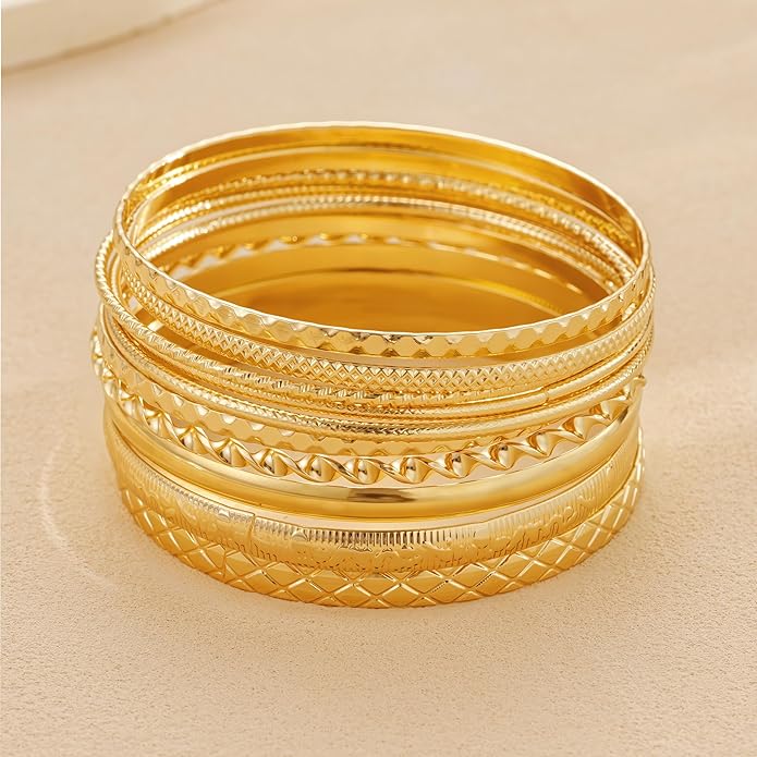 ÌF ME Gold Bangle Bracelets for Women, Indian Bangles Stackable Set, Multi Layer Textured 14K Gold Plated Chunky Bracelets Boho Jewelrys Set