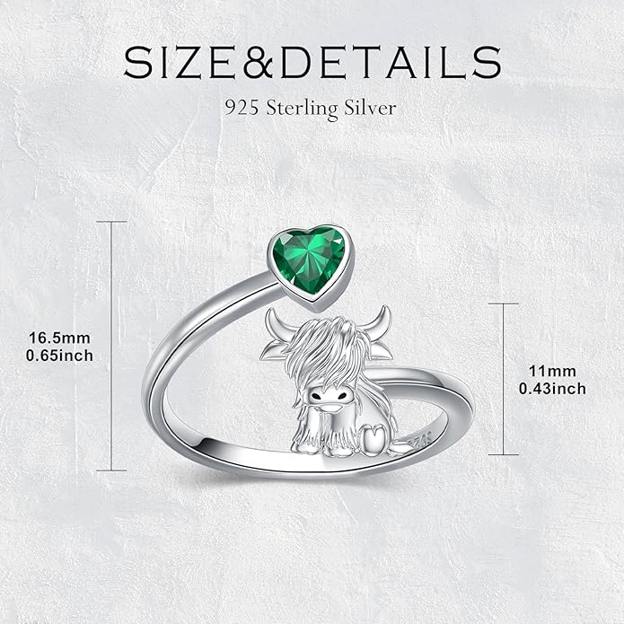 Highland Cow Ring 925 Sterling Silver Adjustable Ring Birthstone Ring Engraved Name Highland Cow Gifts Jewelry for Women